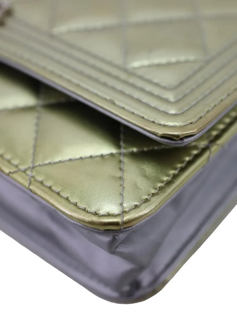 Chanel  Boy Quilted Metallic Leather Wallet On Chain Green